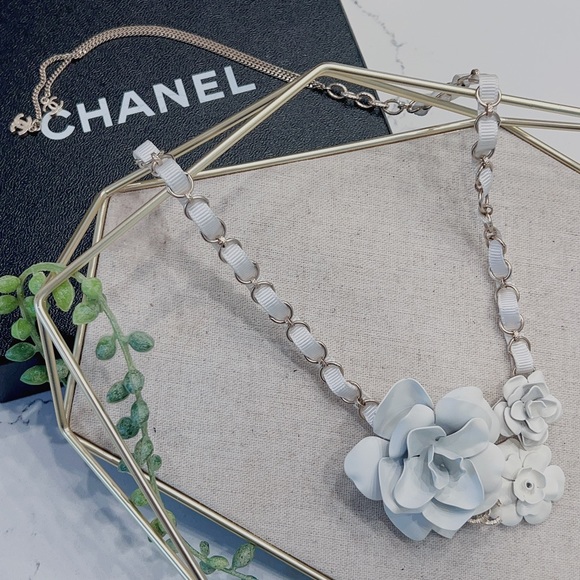 Chanel Triple Metal White Camellia Braided Ribbon CC Logo Necklace - Picture 3 of 11